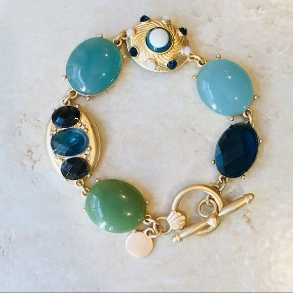 Baroque Cabochon Blue Green Jewel Link Gold Tone Toggle Closure Bracelet NWT - Picture 5 of 8